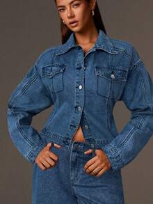 Athîral 女式 Rawn Denim 束腰牛仔夹克休闲牛仔夹克，单排扣，长袖，落肩，秋季 - 深色水洗藍 - 查看 5