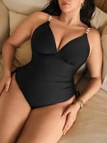 Swim Chiccia Traje de baño de una pieza talla grande para mujer, estilo triángulo con correa de metal con trébol, diseño con lazo lateral fruncido, estilo vacacional - Negro - Ver 1