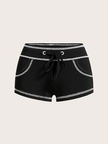 SHEIN EZwear 女款繩帶拼接外穿超短熱褲 - 黑色 - 查看 4