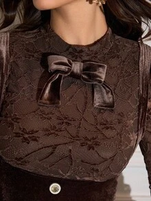 Modelyn Women's Winter Adjustable Chenille Lace Top & Velvet Vest Two Pieces Set, High-Waisted Metal Button, Coffee Color, Elegant, Fitted, Slimming, Suitable For Party - Coffee Brown - View 8