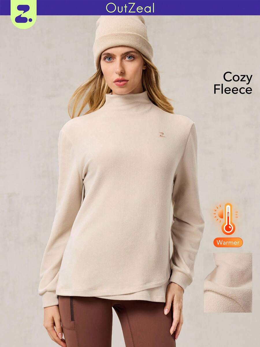 OutZeal Damska, miękka i ciepła koszulka z polaru z długim rękawem i golfem, idealna na piesze wycieczki i kemping - Beżowy - Zobacz 1