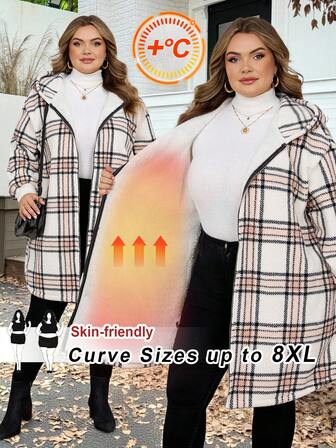 SHEIN CURVE+ Plus Size Buffalo Plaid Pattern Drop Shoulder Hooded Teddy Coat Winter New Year Women Holiday Thermal