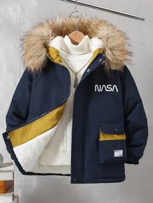 1pc Boys' Patchwork Contrast Color Utility Pocket Padded Coat With Fur Collar, Suitable For Outdoor Casual Wear In Autumn/Winter - Navy Blue - View 4