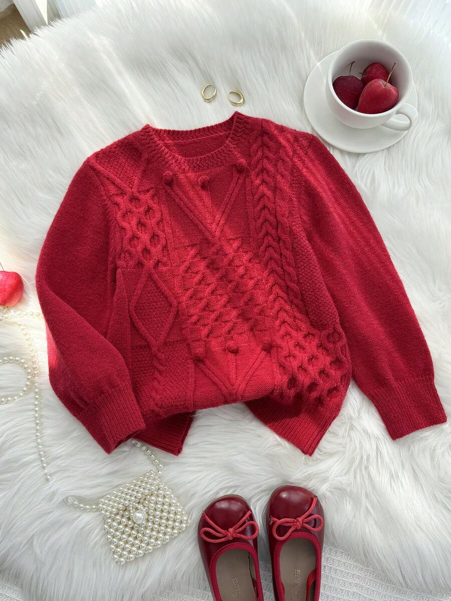 SHEIN Áo len cổ tròn dệt kim chắp vá thời trang cho bé gái, Áo chui đầu dệt kim dài tay thu đông, Áo len Giáng sinh màu đỏ cho bé gái, Tay dài mềm mại và đơn giản, Thích hợp cho mùa thu đông, Thích hợp để mặc hàng ngày, đi học, đi chơi, tiệc tùng - Đỏ - Xem 1