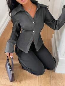Franclia Women's Elegant Dark Gray Shirt Collar Long Sleeve Blouse,Casual Autumn Winter Tops For Office Business Daily Wear,Christmas New Year Thanksgiving Top - Dark Grey - View 5