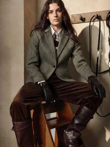 Zovinel Women's Herringbone Print Lapel Collar Long Sleeve Casual Office Blazer, Spring/Autumn,Autumn,Minimalist,Business Casual,Holiday Outfits,Work Wear,Teacher Outfits,Back To School,Fall,Old Money Style - Green - View 2