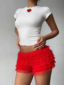 Aloruh Quần short ren trái tim siêu ngắn màu đỏ gợi cảm dễ thương lãng mạn dành cho nữ ngày lễ tình nhân cạp thấp nhiều lớp viền xếp nếp - Đỏ - Xem 4