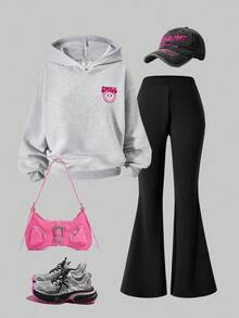 SHEIN Explorewe Streecool 儿童/青少年女孩休闲闪电和笑脸印花连帽运动衫和弹力喇叭裤两件套，秋冬 - 淺灰色 - 查看 2