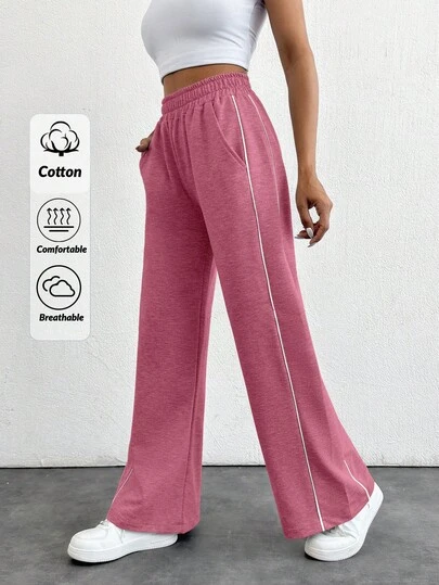 EURMUSE Cotton Jogging Bottoms With Plain Slanted Pockets, Wide Leg Cut