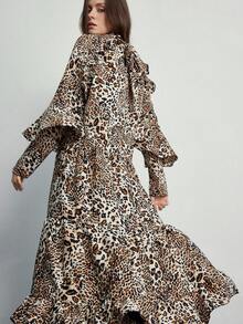 Aveloria Modichic Váy maxi dài tay, cổ buộc họa tiết da báo, dáng rộng, mềm mại, phù hợp mặc thường ngày mùa thu/đông và dự tiệc cổ điển - Nhiều màu - Xem 2