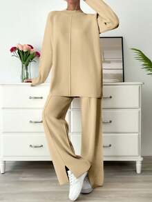 EURMUSE Knitwear Basic Oversize Co-Ords Simple Fashion Daily Casual Solid Color - Camel - View 4