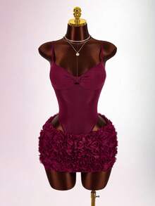 Y2K Amplova 2pcs Women's Sexy Avant-Garde Date Night Outfit, Twist Knot Butterfly Bust Waist Sheer Jumpsuit, Floral Print Skirt Slaydiva Dress Mini Dress Night Club Dress Sexy Birthday Dress - Burgundy - View 3