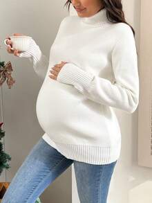 SHEIN 女士修身抓绒高领长袖孕妇毛衣，秋冬季 - 白色 - 查看 5