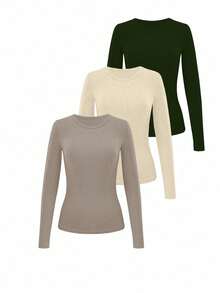 INAWLY 3pcs/Set Plus Size Women Solid Color Round Neck Long Sleeve Ribbed T-Shirts - Multicolor - View 4