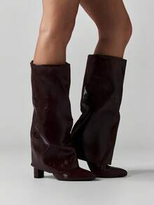 MISSGUIDED Botas altas de piel de patente con tacón de bloque para otoño e invierno, moda llamativa, estilo holgado, botas altas para vestir, calzado para eventos y ocasiones especiales - Café integral - Ver 1