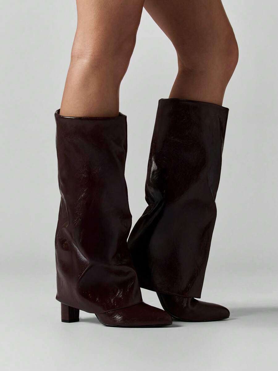 MISSGUIDED Botas altas de piel de patente con tacón de bloque para otoño e invierno, moda llamativa, estilo holgado, botas altas para vestir, calzado para eventos y ocasiones especiales - Café integral - Ver 1