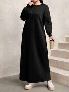 Modelyn Plus Size Women Casual Textured Fabric Round Neck Loose Long Sweatshirt, Green, Autumn/Winter - Black - View 6