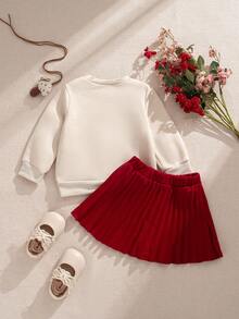 Souflis 2025秋冬法式复古两件套-红色蘑菇图案上衣&红色百褶裙，女婴 - 杏色 - 查看 2