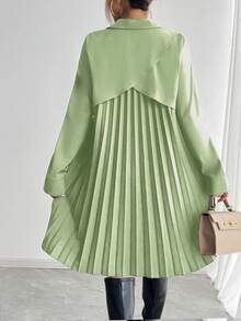 SHEIN Clasi 女士褶裥拼接长袖衬衫裙，秋冬款 - 淺綠色 - 查看 3