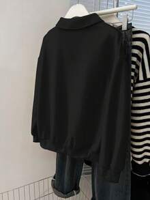 Resyla 马术图案印花时尚翻领拉链长袖宽松卫衣，海军蓝，秋季 - 黑色 - 查看 2