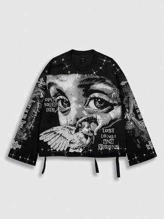 Street Life Punk Vintage Street Style Distressed Saint Graphic Long Sleeve Crew Neck Men's T-Shirt