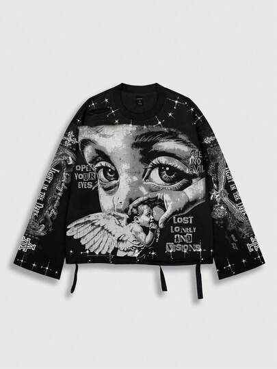 Street Life Punk Vintage Street Style Distressed Saint Graphic Long Sleeve Crew Neck Men's T-Shirt