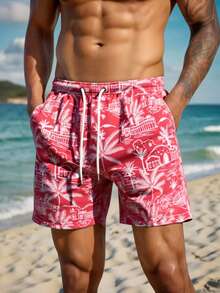 Manfinity Swimmode Męskie luźne szorty plażowe z kieszeniami i ściągaczem - Czerwony - Zobacz 5