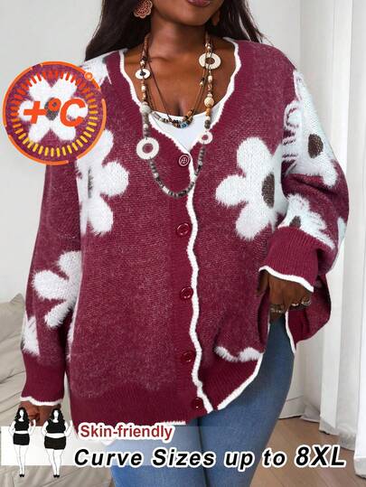 SHEIN CURVE+ 大码女式3D立体花卉针织开衫，秋季套装，秋季上衣，冬季针织开衫/秋冬