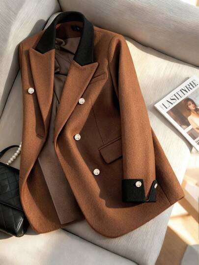 Franclia 女士时尚通勤羊毛混纺拼接翻领袖口羊毛混纺西装外套