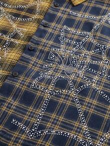 NEON BLANC Men's Fashion Plaid Patchwork Spider Web Rhinestone Embellished Short Sleeve Shirt, Halloween - Multicolor - View 4