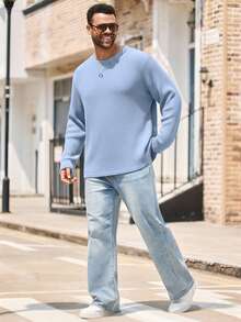 EASEVO Plus Size Men's Casual Loose Fit Solid Color Crew Neck Long Sleeve T-Shirt - Baby Blue - View 5