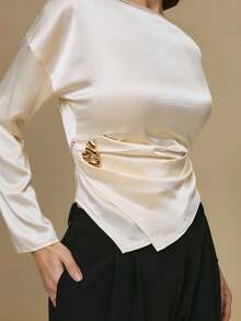 Poéselle Satin Long Sleeve Blouse For Women - Elegant Asymmetrical Waist Detail, Minimalist Chic Top, Classy Fall Essential,Women's Solid Color Satin Minimalist Crew Neck Long Sleeve Top, Satin Blouses For Women, Silk Blouse, Silk Tops,, Ivory Top White Elegant Top White Satin Top Full Sleeve Top Tops For Women Elegant - Apricot - View 6