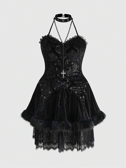 Plus Size Gothic Plush Vintage Dress, Luxurious Plush, Tassel, Fur, Lace Patchwork Flared Hem Dress, Autumn/Winter Gothic Style Plus Size Women Dress, Elegant Luxury Plus Size Black Dress For Party, Banquet, Gathering