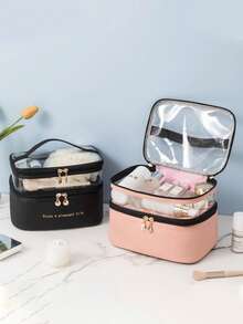 透明双层化妆包，大容量PU防水洗漱收纳包，旅行日常两用，便携式化妆箱 - 彩色 - 查看 3