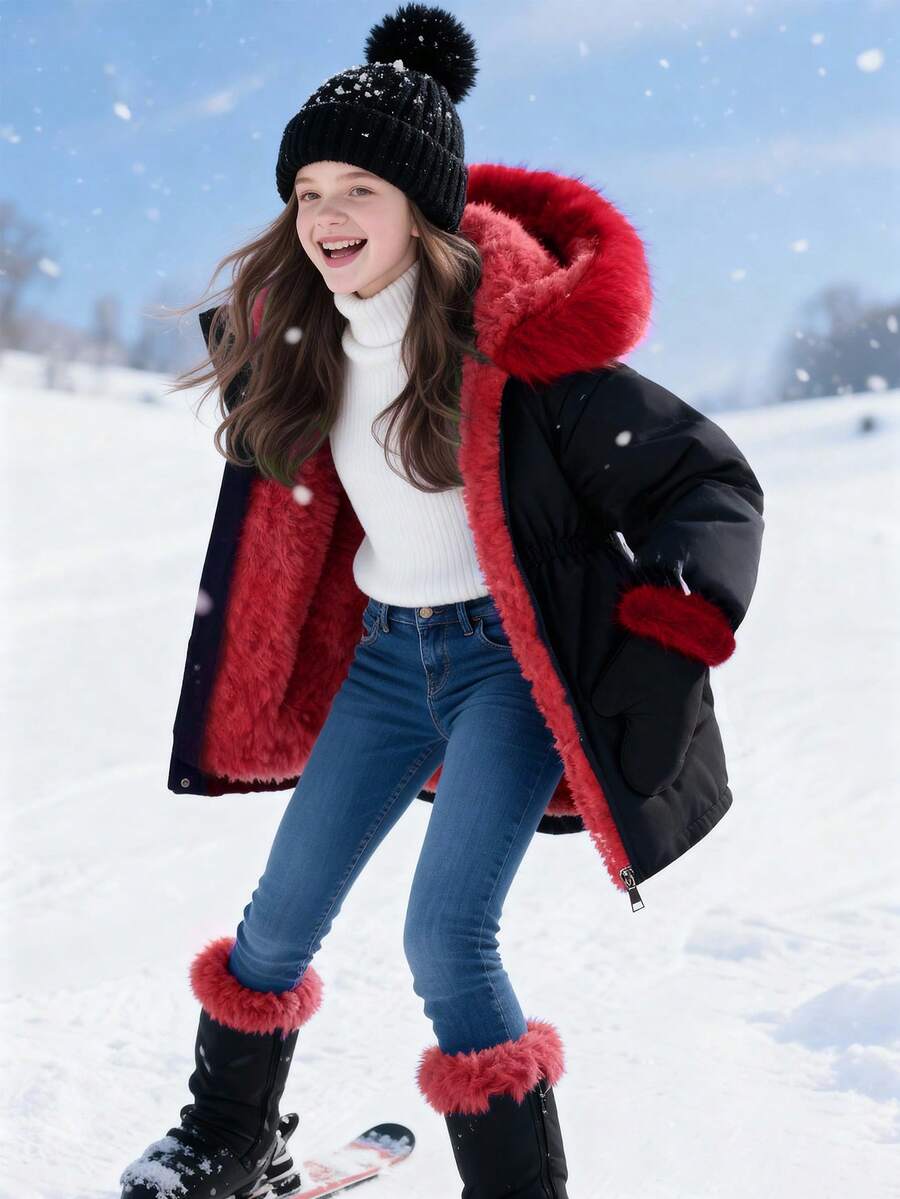 SHEIN Girls' Mid-Length Hooded Casual Pocket Faux Fur Solid Color Fleece Jacket, Winter - Burgundy - View 1