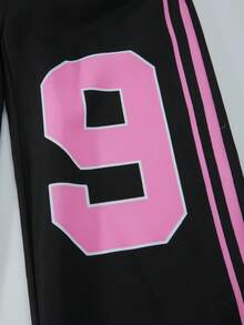 SHEIN ChillGRL Tween 女童休闲宽松街头风格数字边缘条纹印花裤，适合日常通勤、休闲、度假、与朋友聚会、春夏季 - 黑色 - 查看 7