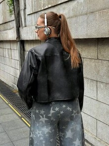 Comfortcana 大码女式黑白撞色设计 PU 夹克