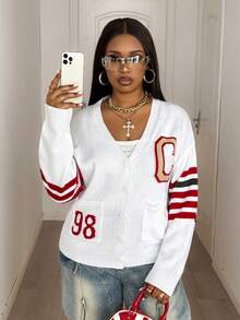 Maweii Casaco de Tricô Cardigan Ajustado com Estampa de Listras Coloridas em Contraste, Decote em V, Manga Longa, Bolsos Duplos, Estilo Casual Esportivo Universitário, Adequado para Uso Diário, Férias e Transporte, Design Jovem e da Moda, Tamanho Plus, Primavera, Outono, Inverno