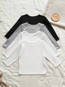 SHEIN Vintaside Kids 男婴多件套纯白色圆领长袖T恤，适合春秋季穿着。风格休闲、简约、舒适百搭。设计简洁优雅，没有过多装饰，展现低调之美。