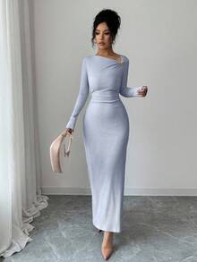 Elenzga 新款女士斜领长袖罗纹抓绒装饰纽扣腰部褶皱设计休闲百搭优雅连衣裙，秋冬款 - 藍色 - 查看 4