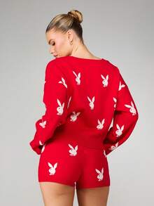 Missguided x Playboy Christmas Bunny Print Cropped Cardigan And High Waisted Booty Shorts Knit Lounge Set Casual Winter Sweater Coord Two Piece - Red - View 2