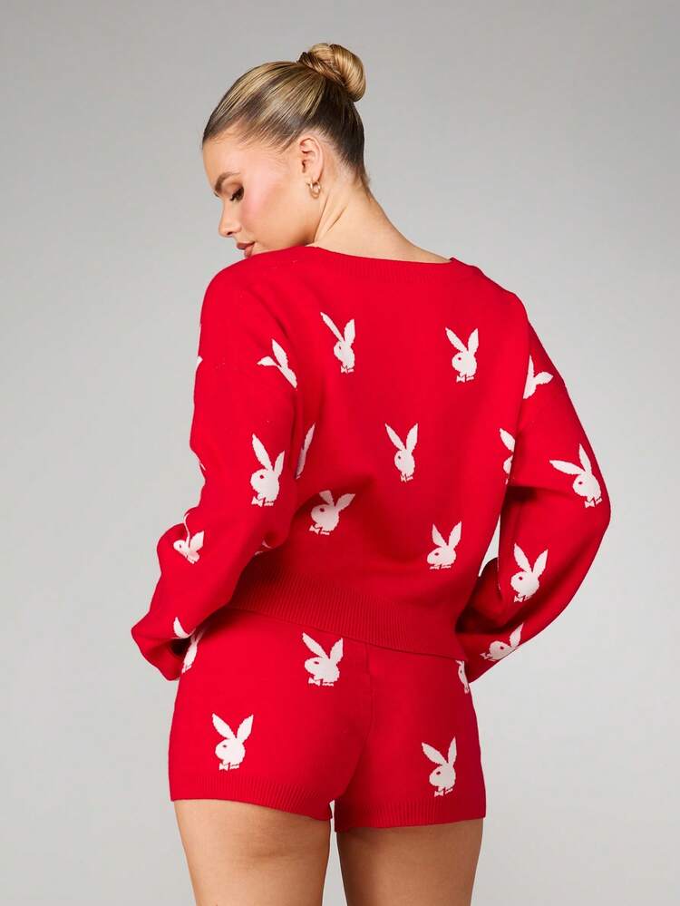 Missguided x Playboy Christmas Bunny Print Cropped Cardigan And High Waisted Booty Shorts Knit Lounge Set Casual Winter Sweater Coord Two Piece