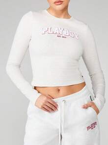 Missguided x Playboy 修身长袖圆领印花露脐上衣，饰有知名品牌标志文字印花 - 淺灰色 - 查看 4