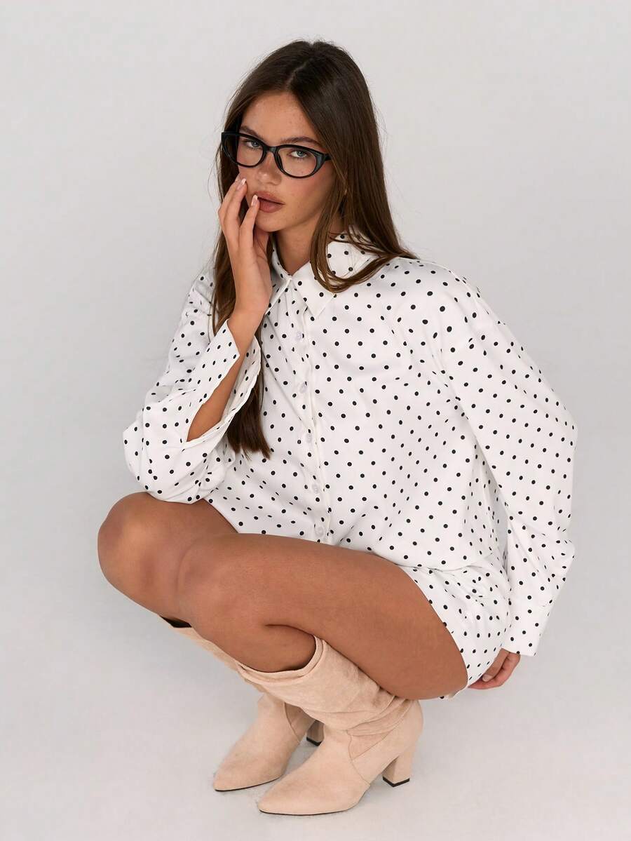 Sweetina Women's Fashion Casual Polka Dot Print Top & Shorts 2 Pieces Set Oversized Blouse Polka Dot Shirt Oversize Shirt For Women Poka Dot Top,Women's Summer Set ,Casual Outfit For Women - White - View 1