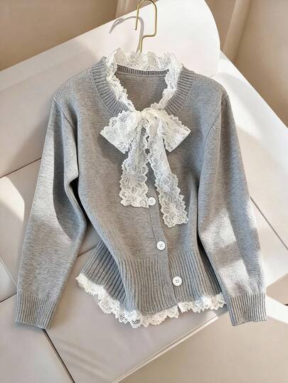 GlowEve CURVE Plus Size Women's Minimalist Round Neck Lace Trim Long Sleeve Button-Up Knit Cardigan