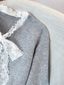 GlowEve CURVE Cárdigan de punto con cuello redondo, manga larga y botones, con ribete de encaje para mujer de talla grande - Gris - Ver 3