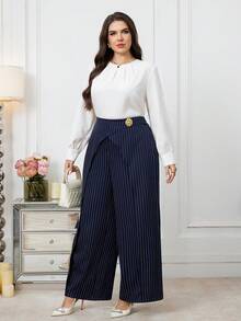 Modelyn Pantalones rectos de cintura elástica a rayas para mujer de talla grande, con decoración de hebilla metálica, casuales y versátiles, adecuados para el diario, el trabajo y diversas ocasiones - Azul Marino - Ver 7