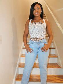 Steph T Women's Diamond Detail Halter Top Graphic Tees Women Tops - Silver - View 6