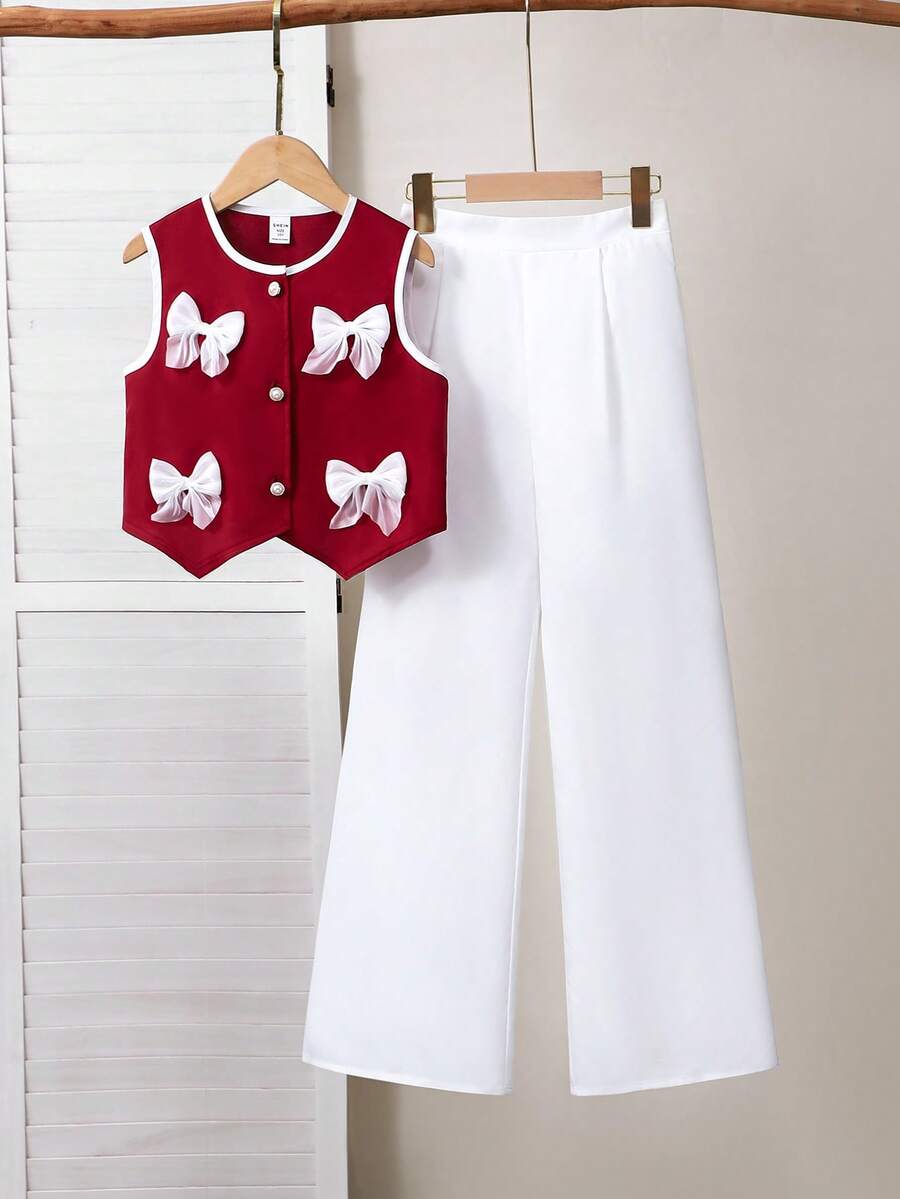 SHEIN Bộ 2 món trang phục thường ngày thanh lịch cho bé gái tuổi teen - Áo vest đen có điểm nhấn nơ trắng, kết hợp với quần âu trắng - Màu Đỏ Sâu - Xem 1