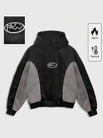 Sudadera con capucha de forro térmico con contraste de ribete bordado de moda casual para hombre, otoño/invierno